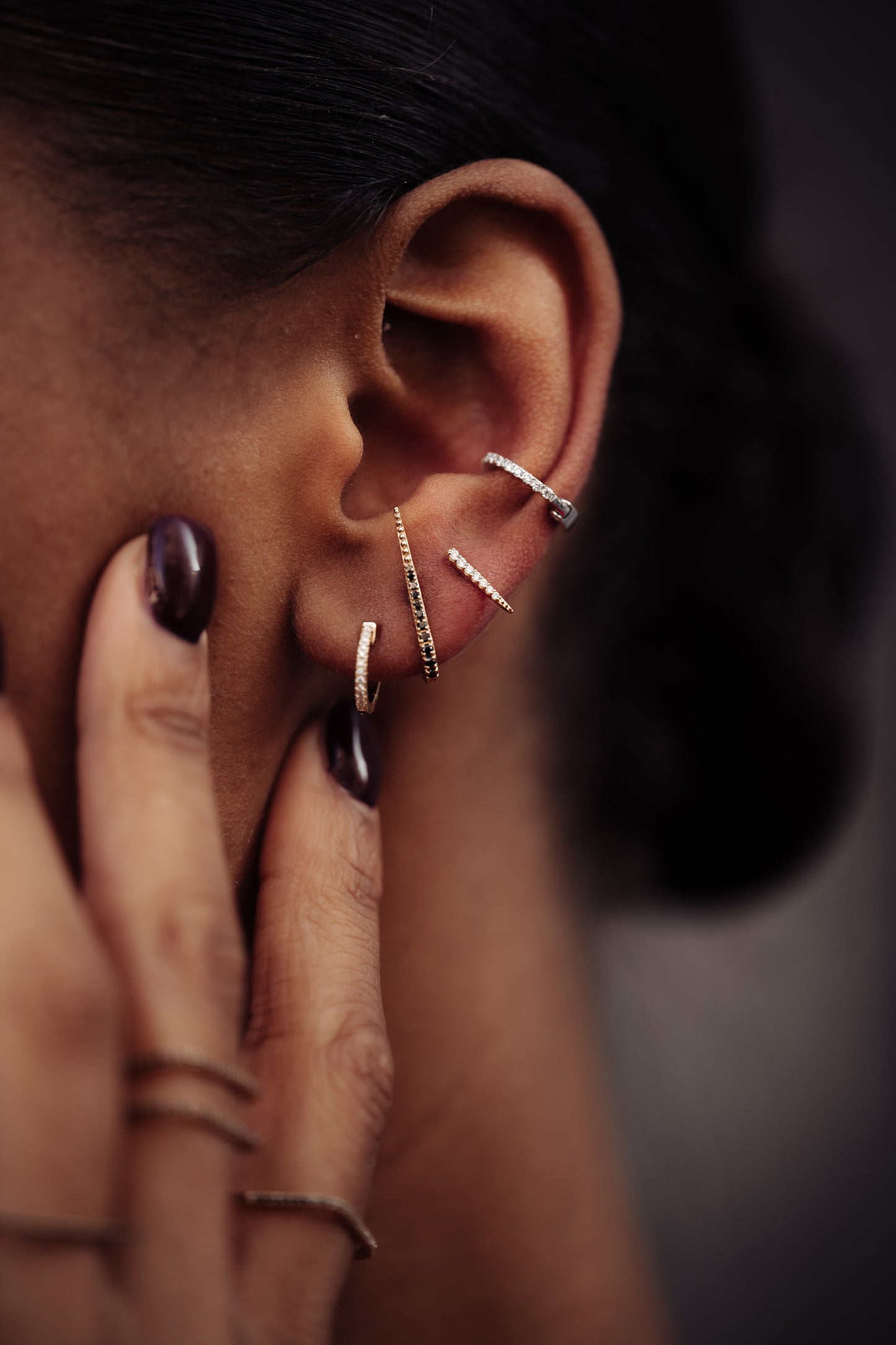 Single Earring - Pic Hoop Black Diamonds